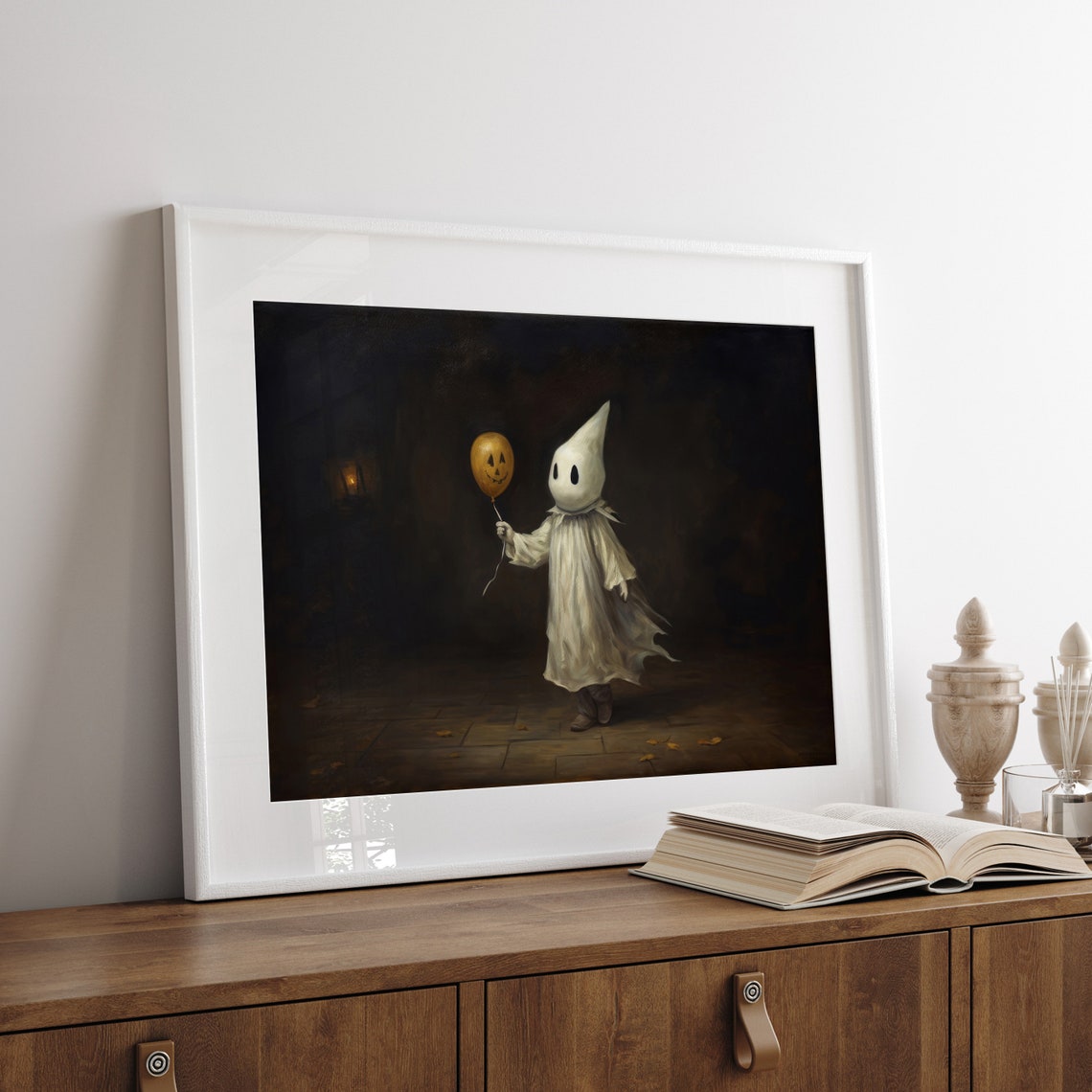 Little Ghost Child Holding Pumpkin Balloon Dark Halloween Wall Art - Image 4