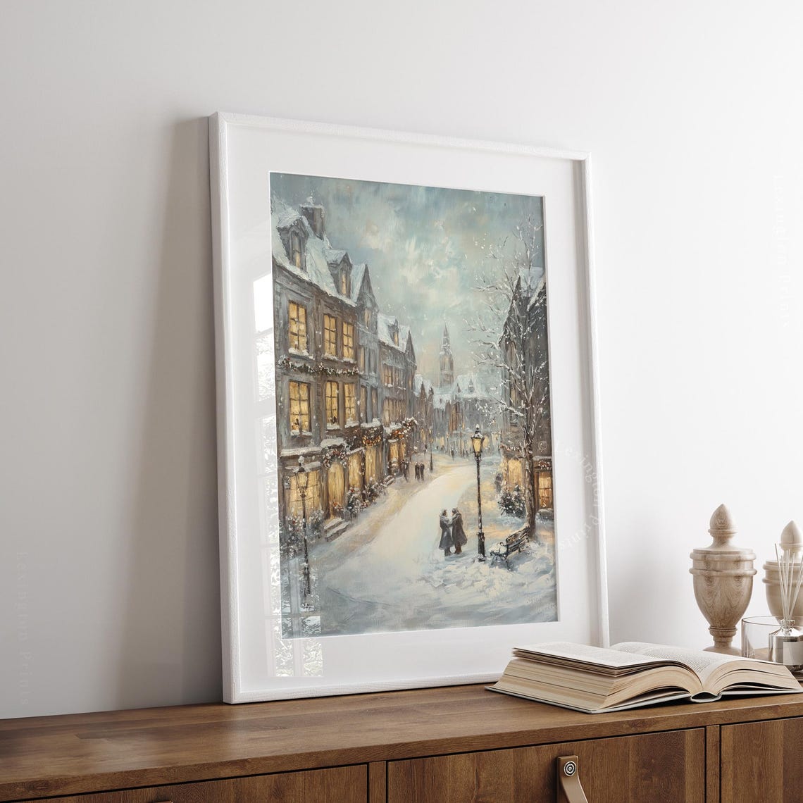 Snowy Lamplit Old Town Christmas Street Winter Painting Poster - Image 3