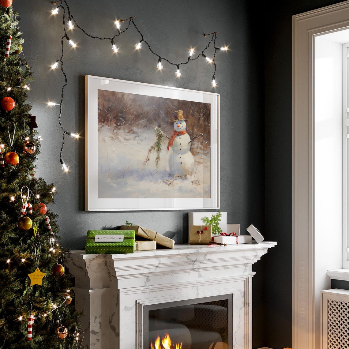Snowman With Top Hat Red Scarf Winter Scene Christmas Art Poster - Image 4