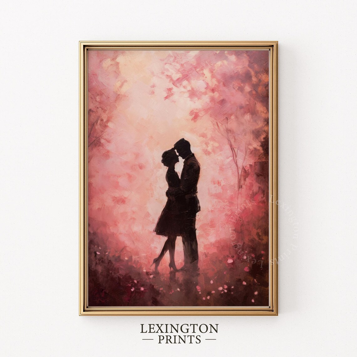 Romantic Couple Silhouette Kiss Pink Blossom Oil Painting Love Poster
