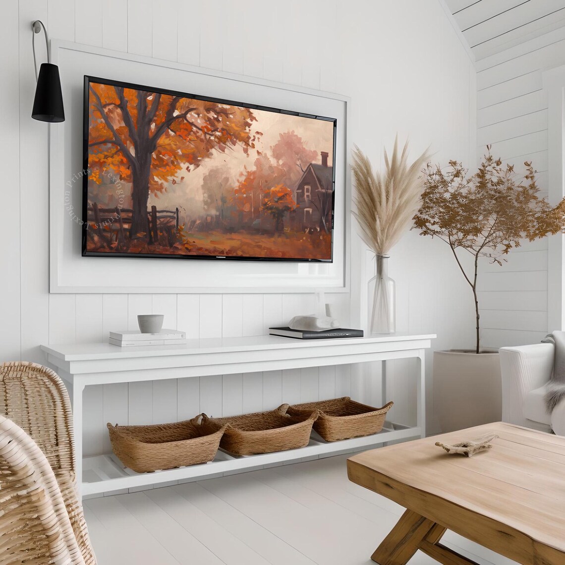Foggy Autumn Farmhouse with Orange Trees and Fence TV Art Poster - Image 4