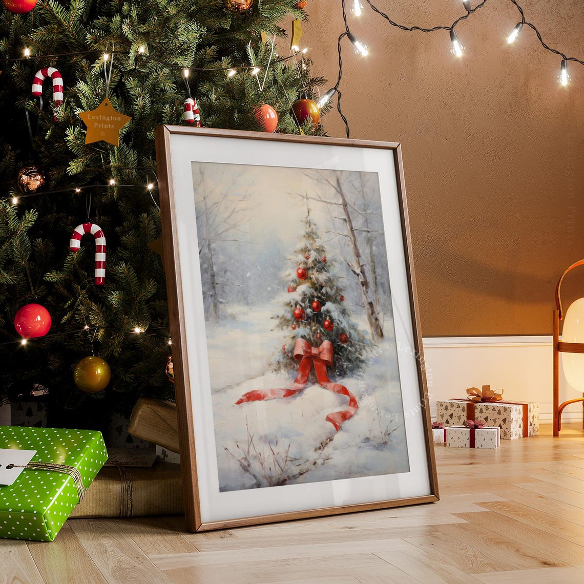 Small Snowy Christmas Tree with Red Bow Birch Forest Holiday Poster - Image 8