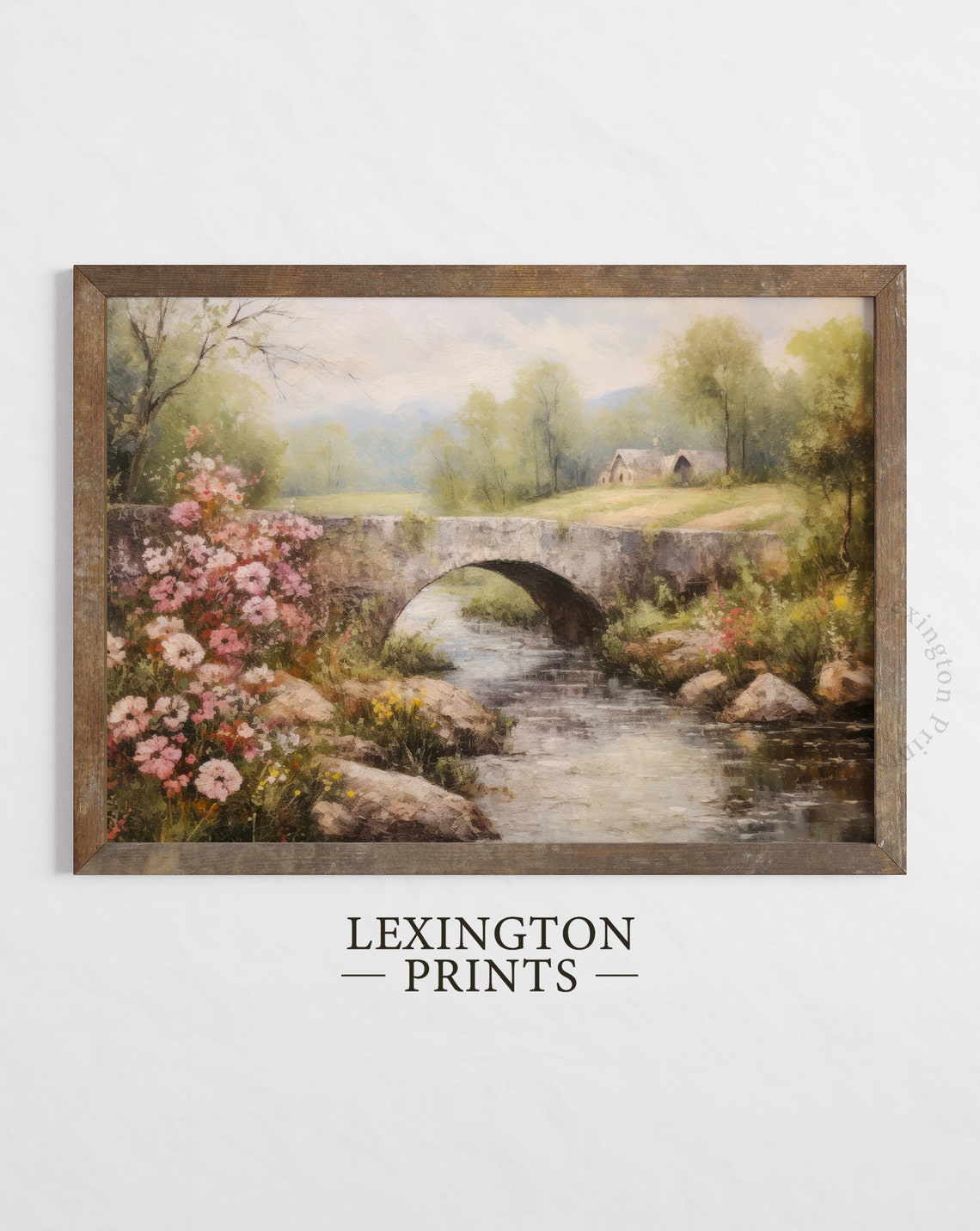Stone Bridge Over a Stream Countryside Cottage Landscape Poster - Image 2