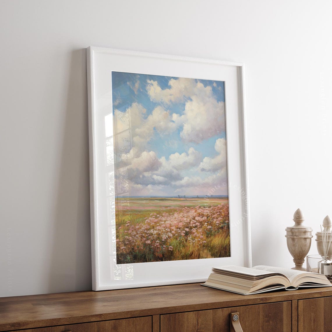 Wildflower Meadow Field Blue Sky Clouds Vintage Spring Painting Poster - Image 2