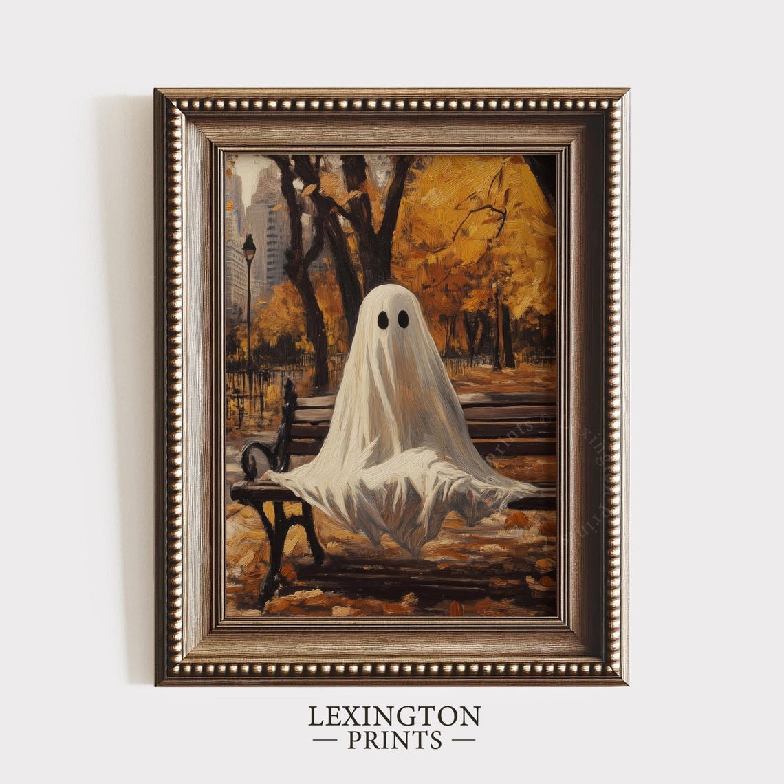 Ghost Sitting on Park Bench Autumn Foliage Oil Painting Fall Poster - Image 6