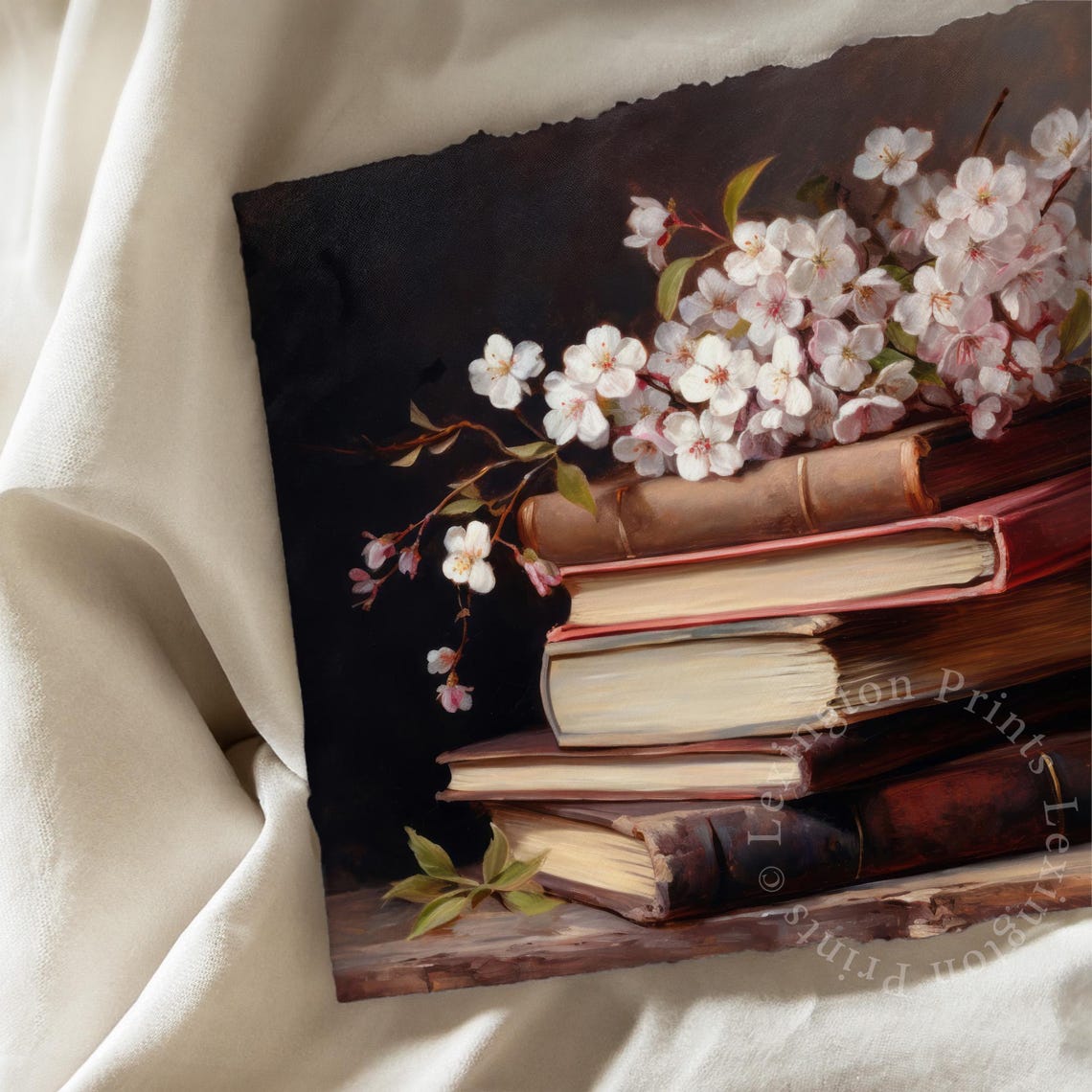 Cherry Blossom Branches Resting on Stack of Old Books Still Life Print - Image 7