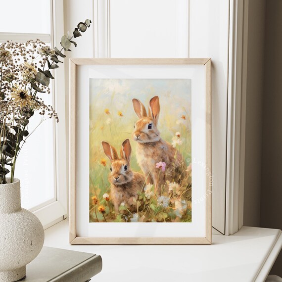 Two Bunnies in a Wildflower Meadow Vintage Spring Farmhouse Wall Art