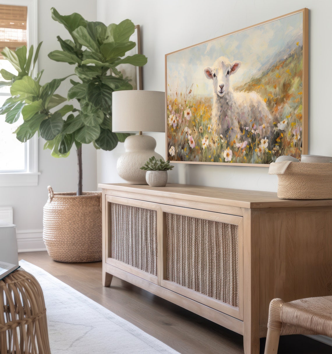 White Lamb in Wildflower Meadow Spring Scene Frame TV Art Poster - Image 7