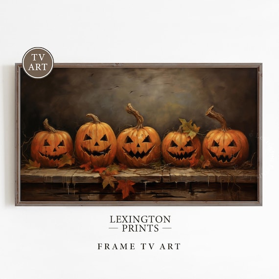 Five Jack O Lanterns Row Carved Pumpkins Wooden Ledge Halloween Frame TV Art Poster
