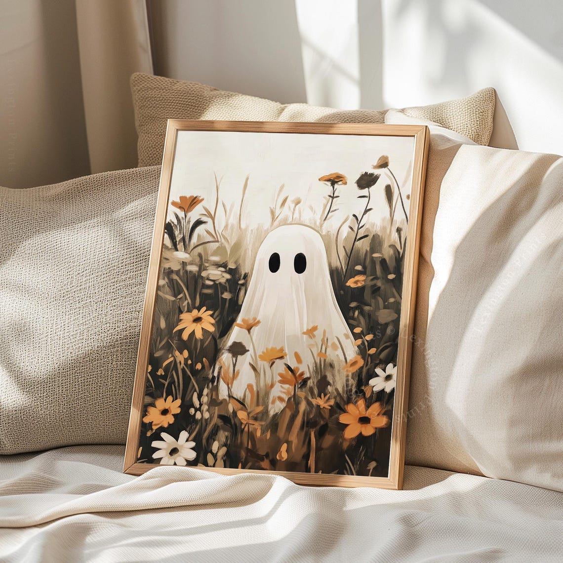 Cute Ghost Hiding in Autumn Wildflower Field Playful Halloween Poster - Image 8