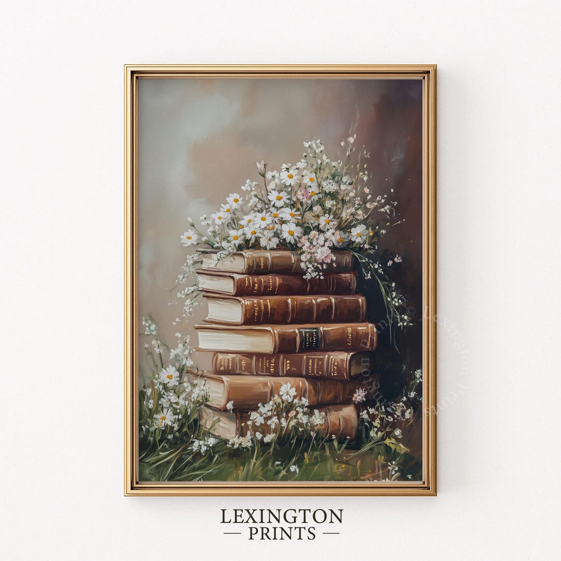 Vintage Books Stack Topped with Daisies Moody Floral Wall Art - Image 5