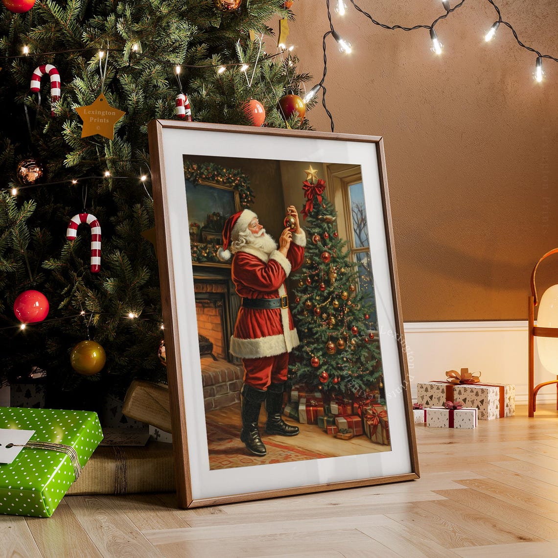 Santa Decorating Christmas Tree Fireside Vintage Holiday Poster - Image 7