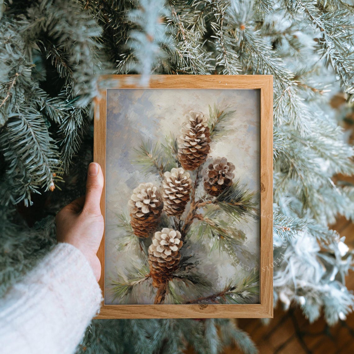 Frosted Pinecones on Snowy Evergreen Branch Still Life Poster - Image 8