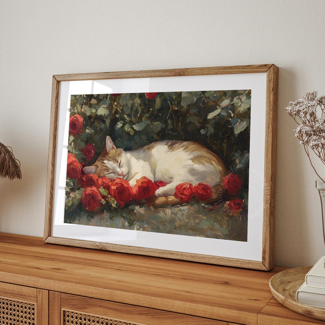 Sleeping Cat Among Red Roses Vintage Floral Oil Painting Wall Art - Image 4