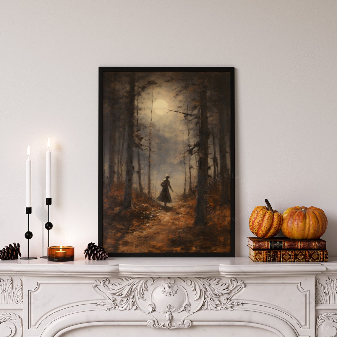 Moonlit Forest Path Lone Figure Moody Autumn Night Painting Poster - Image 7
