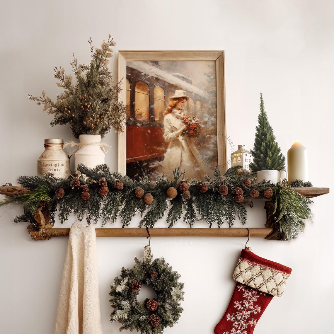 Vintage Christmas Print Woman Winter Oil Painting Christmas Decor Vintage 1950s Christmas Wall Art City Train Art Holiday Winter Print 307 - Image 6