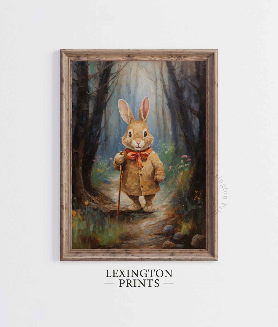 Storybook Bunny Rabbit in Coat on Forest Path Nursery Painting Poster - Image 2