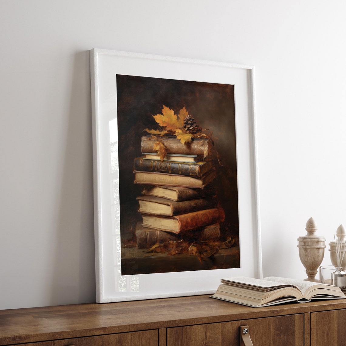 Stack of Old Books with Autumn Leaves Dark Still Life Poster - Image 7
