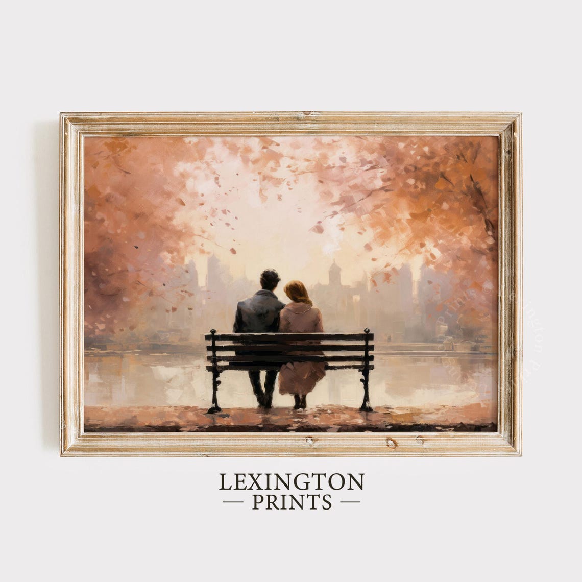Romantic Couple on Park Bench Autumn City Skyline Watercolor Print - Image 5