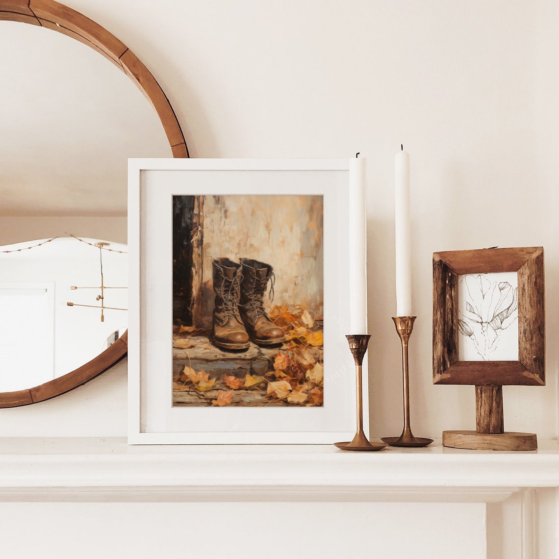 Worn Leather Work Boots Doorway Autumn Leaves Rustic Still Life Poster - Image 6