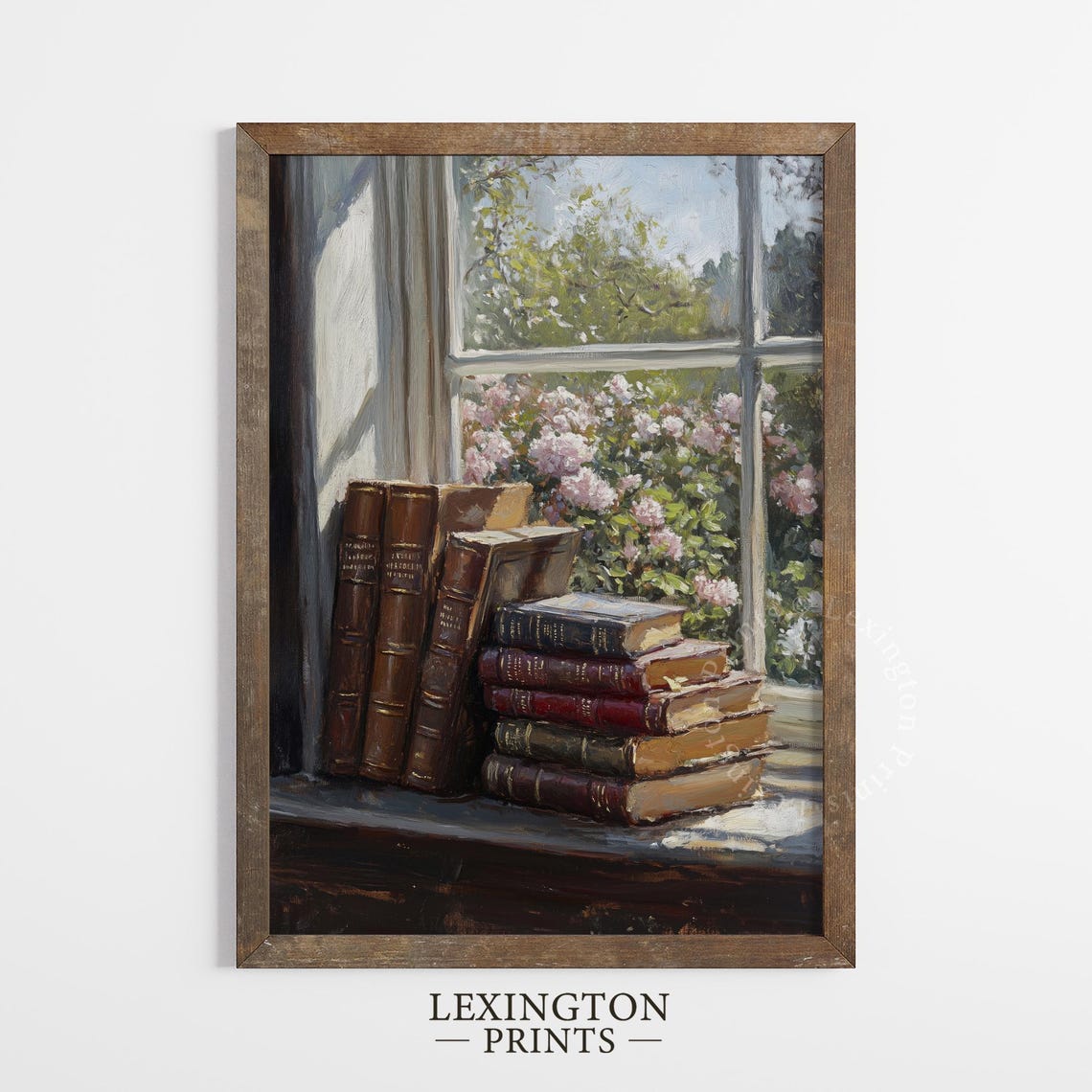 Antique Books on Windowsill Overlooking Rose Garden Still Life Print - Image 2