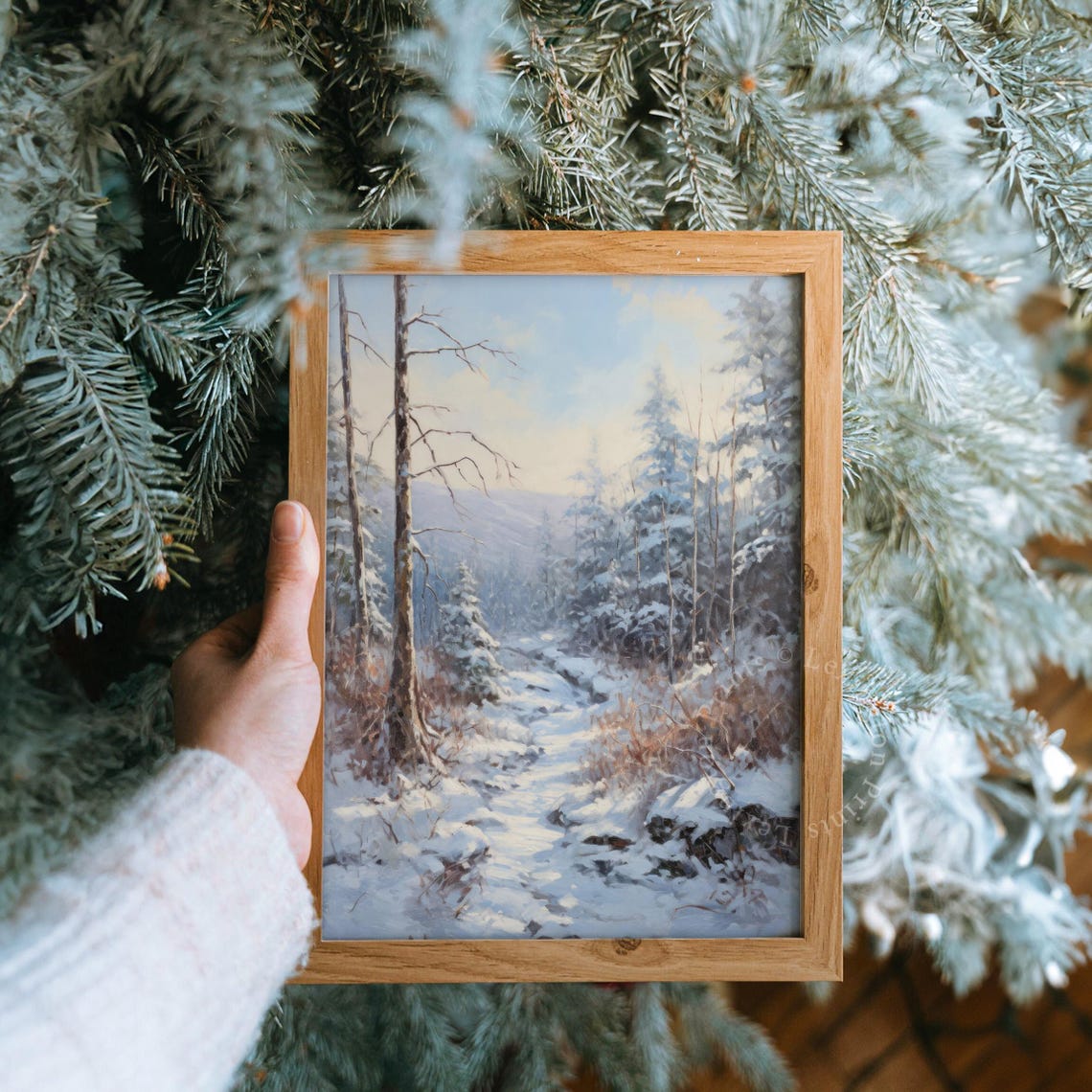 Sunlit Snowy Woodland Path Tall Pines Winter Painting Poster - Image 8