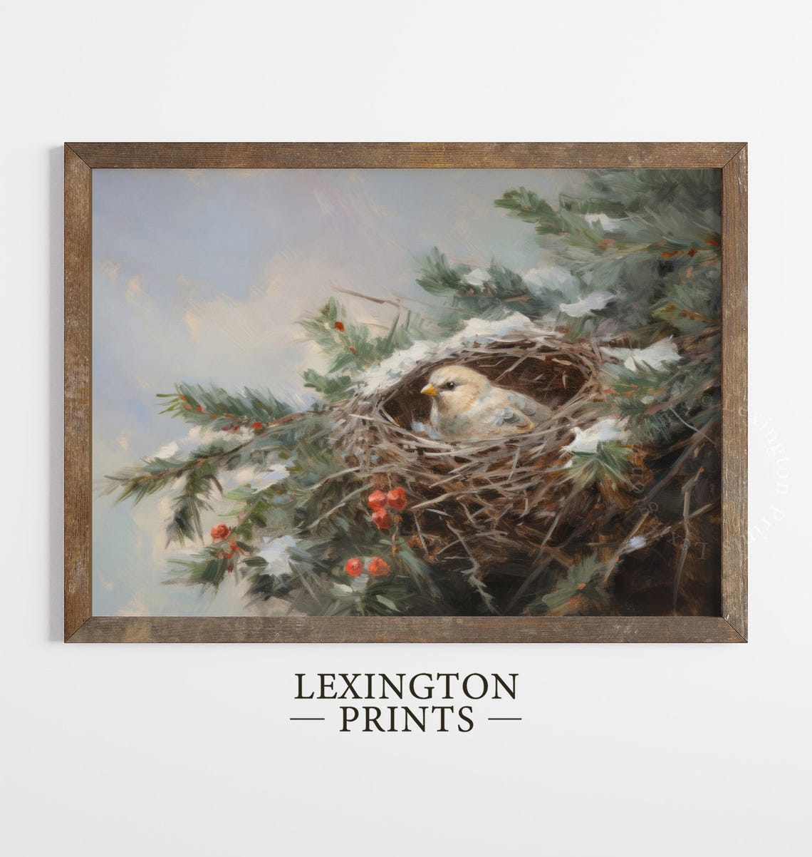 Tiny Cream Bird Resting In Snowy Pine Nest With Red Berries Poster - Image 5
