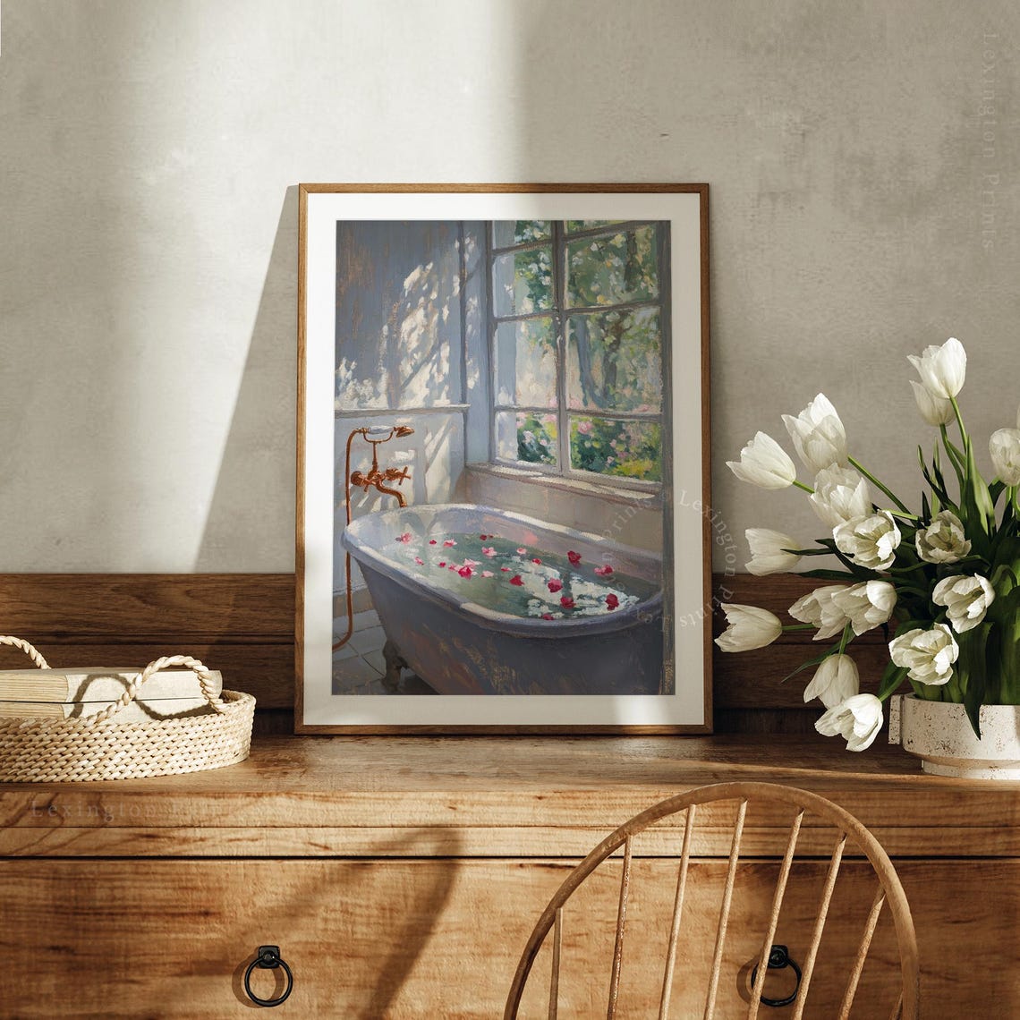 Rose Petal Bathtub by Sunlit Window Serene Spa Bathroom Art Print - Image 2