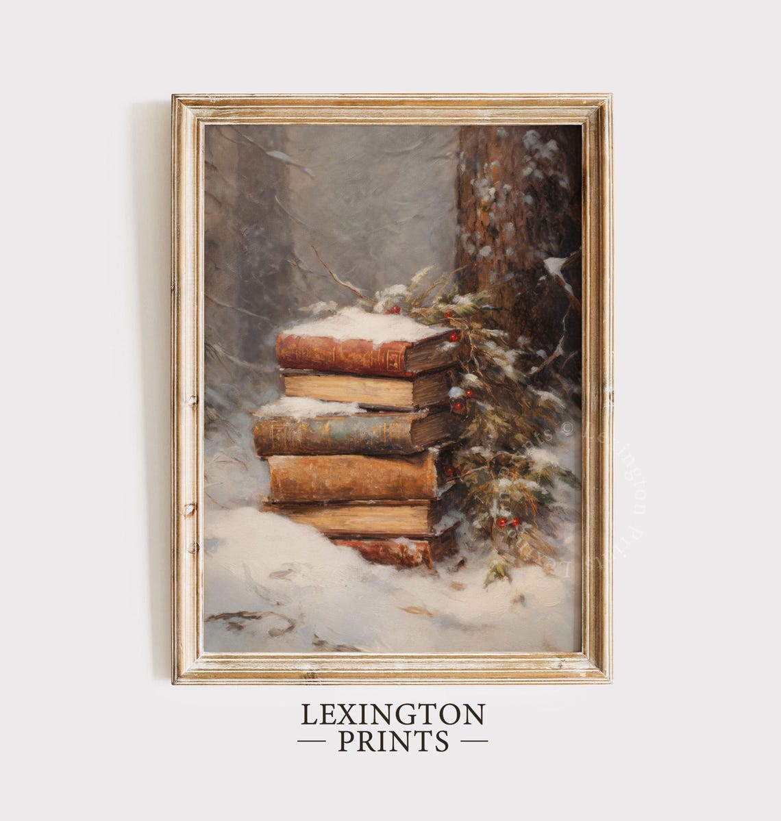 Stack Of Snow-Covered Vintage Books Beside Pine Tree Winter Poster - Image 5
