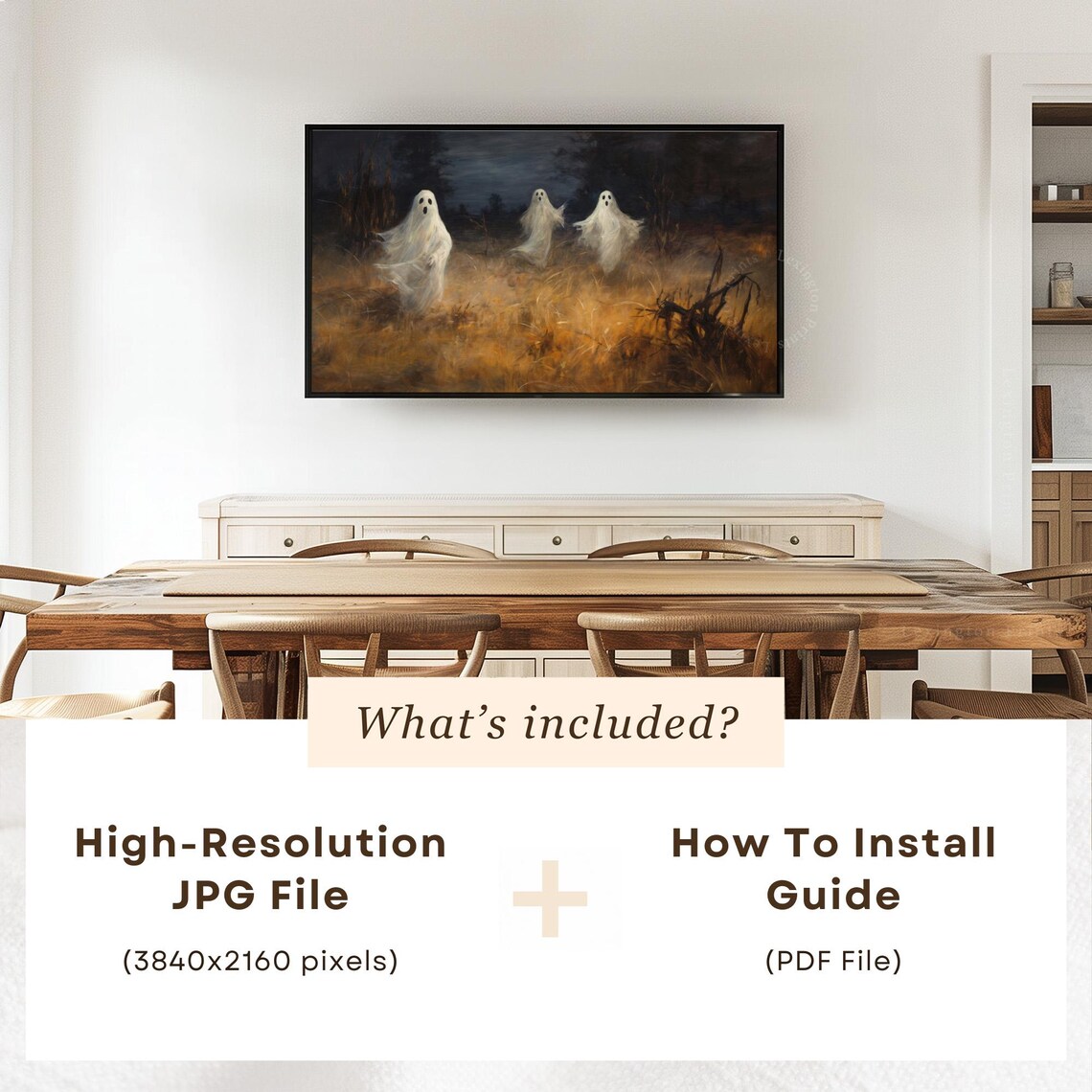 Three Dancing Ghosts in Golden Wheat Field Halloween Frame TV Art Print - Image 6