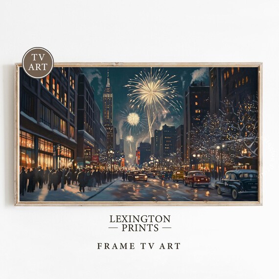New Years Fireworks Over Vintage City Street Night Frame TV Art Poster