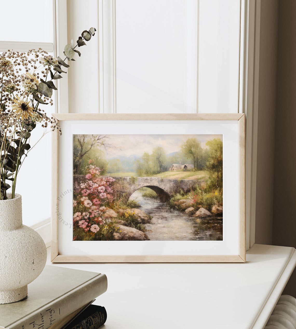 Stone Bridge Over a Stream Countryside Cottage Landscape Poster - Image 4