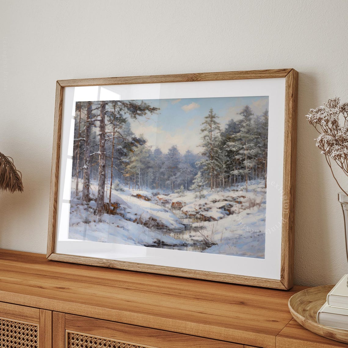 Frozen Creek Snowy Pine Forest Blue Winter Landscape Painting Poster - Image 4