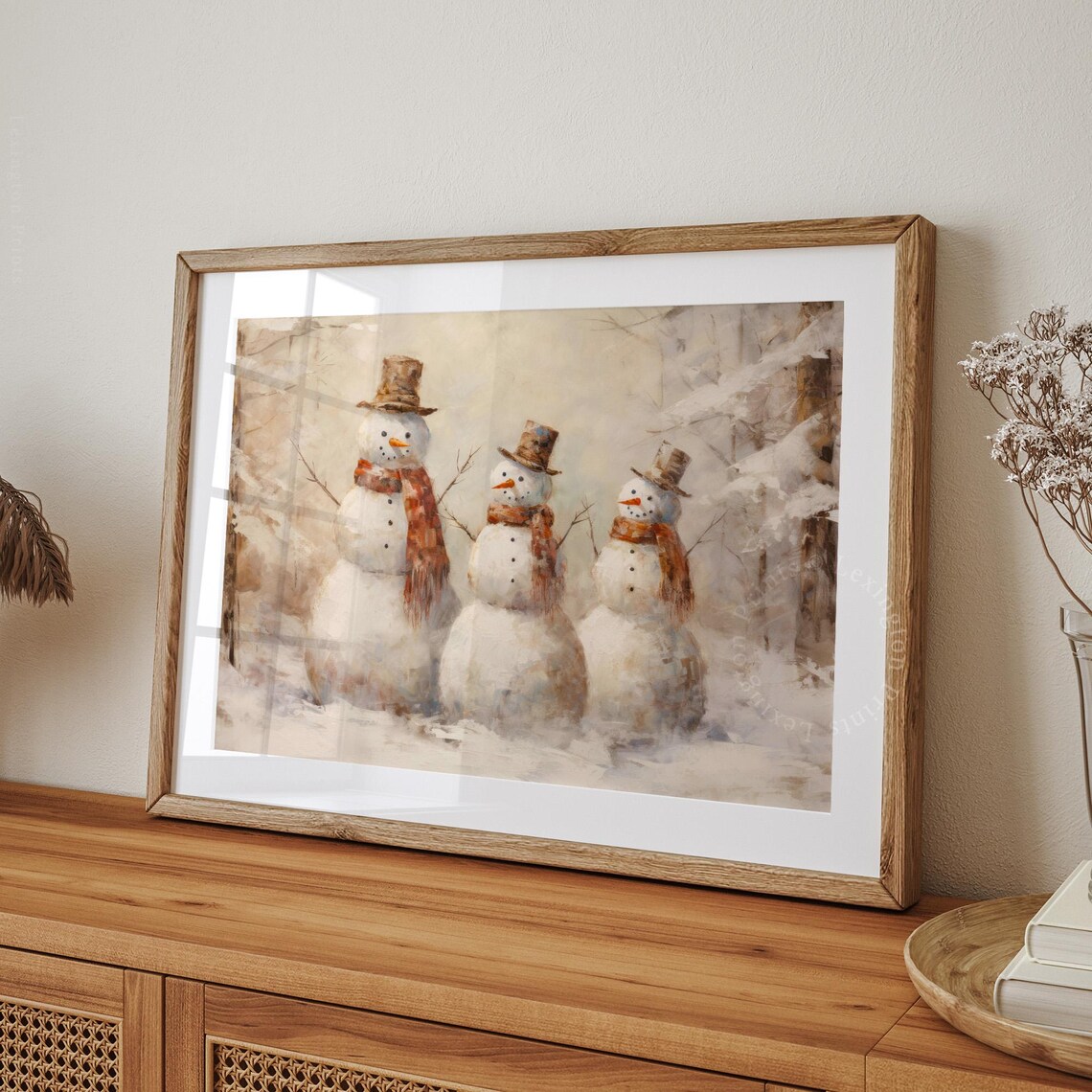 Three Vintage Snowmen in Winter Forest Christmas Scene Poster - Image 8