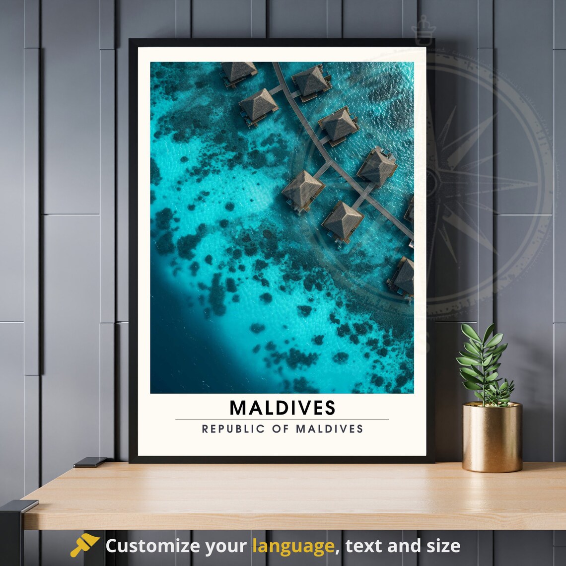 Maldives Overwater Bungalow Aerial Lagoon Island Travel Poster