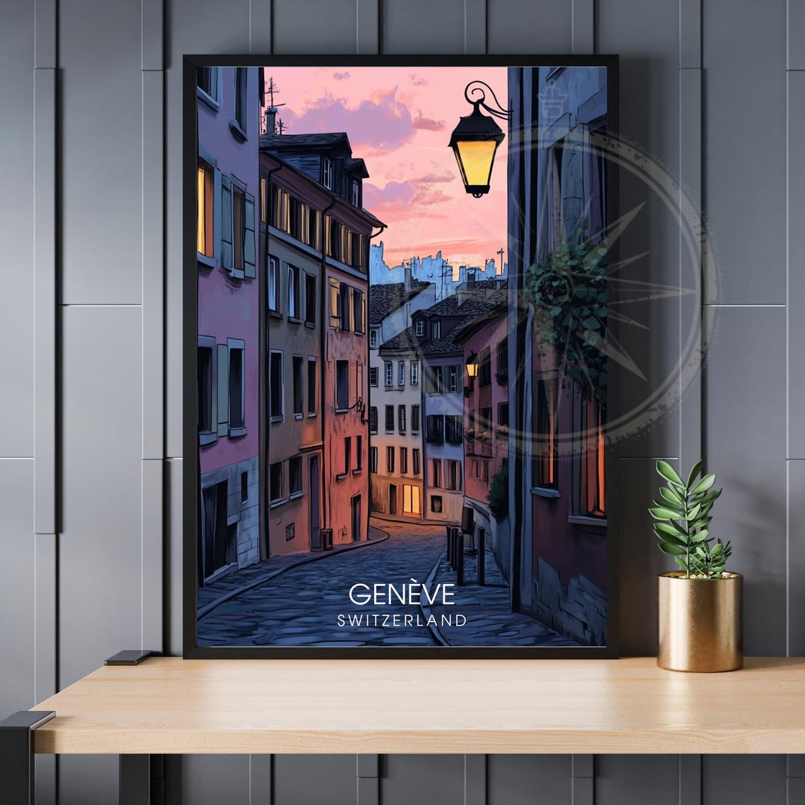 Geneve Switzerland Old Town Cobblestone Street Dusk Travel Poster