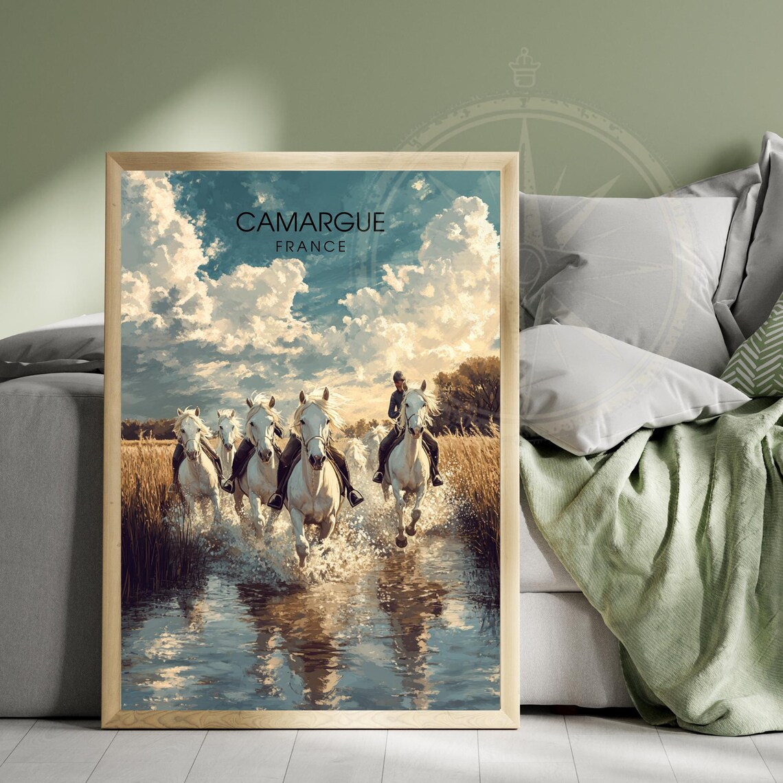 Camargue France White Horses Galloping Wetland Rider Art Poster