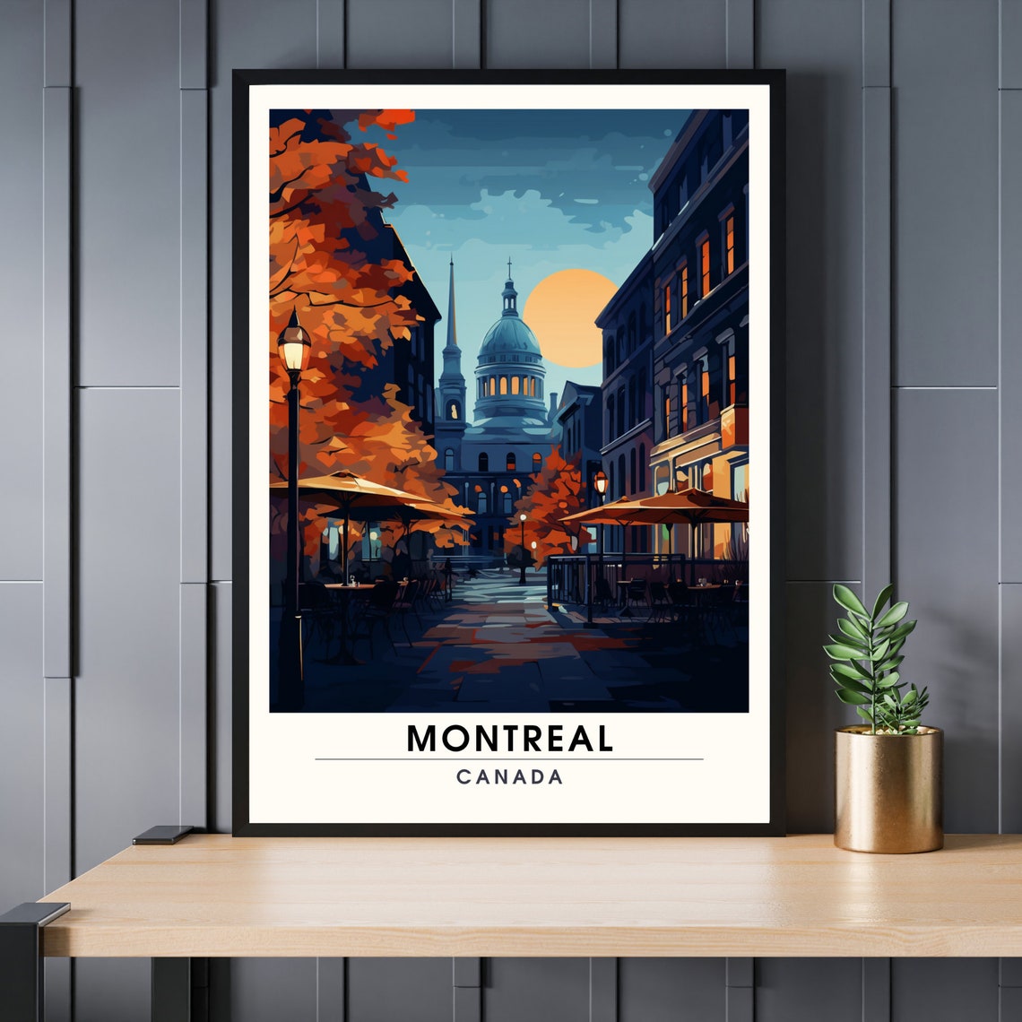 Montreal Canada Old City Autumn Night Street Scene Travel Poster