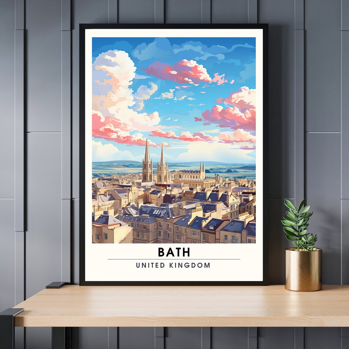 Bath United Kingdom Historic Skyline Abbey Spires Travel Poster