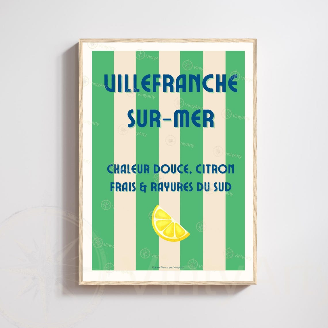 Villefranche-sur-Mer Green Stripes Lemon Wedge French Text Poster