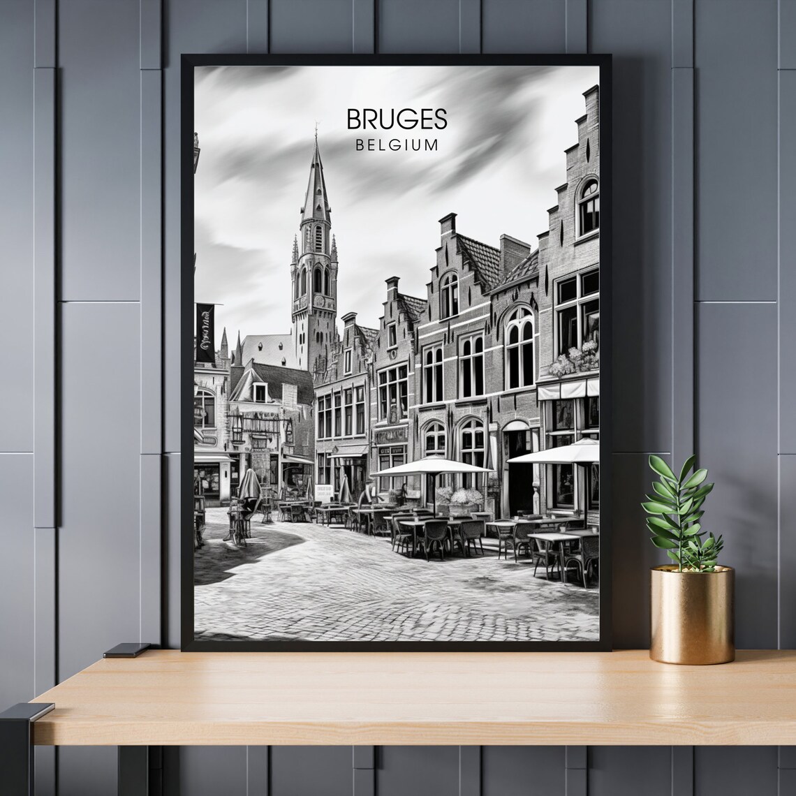 Bruges Belgium Black and White Belfry Square Street Photo Poster