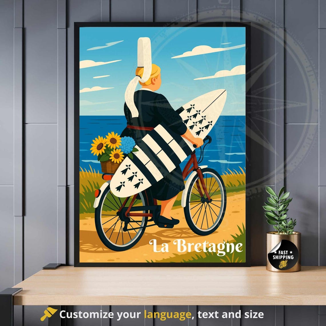 La Bretagne Brittany Breton Woman Surfboard Bicycle Seaside Poster
