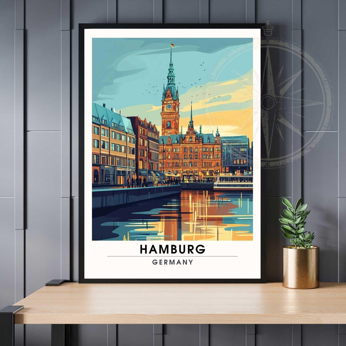 Hamburg City Hall Clock Tower Riverside Sunset Glow Art Poster