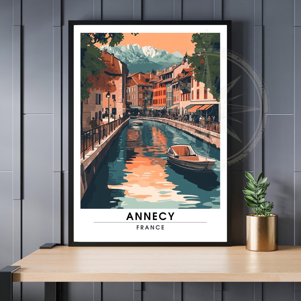 Annecy France Retro Style Canal Boats And Mountain View Poster