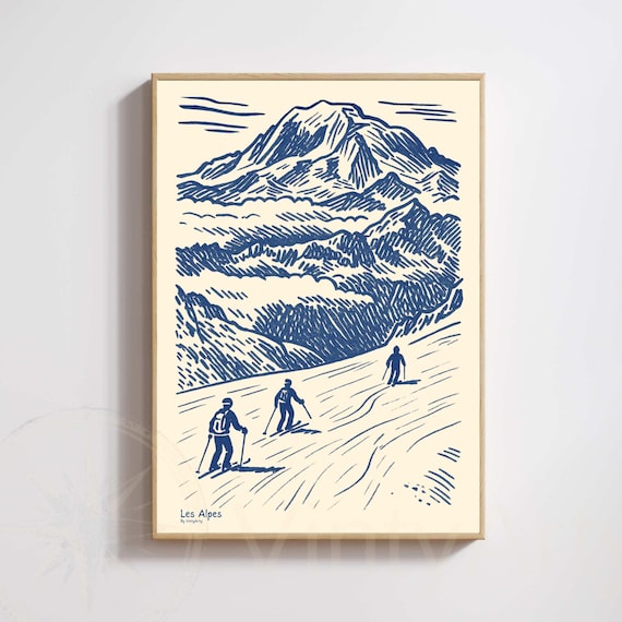 Vintage Ski Poster Alps French Mountain Travel Poster