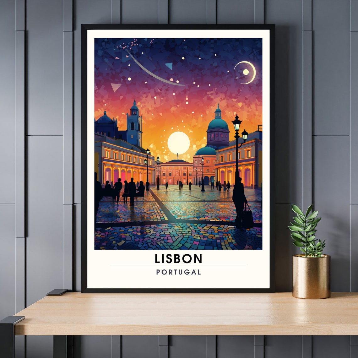 Lisbon Portugal Starry Night Square Illustration Travel Poster