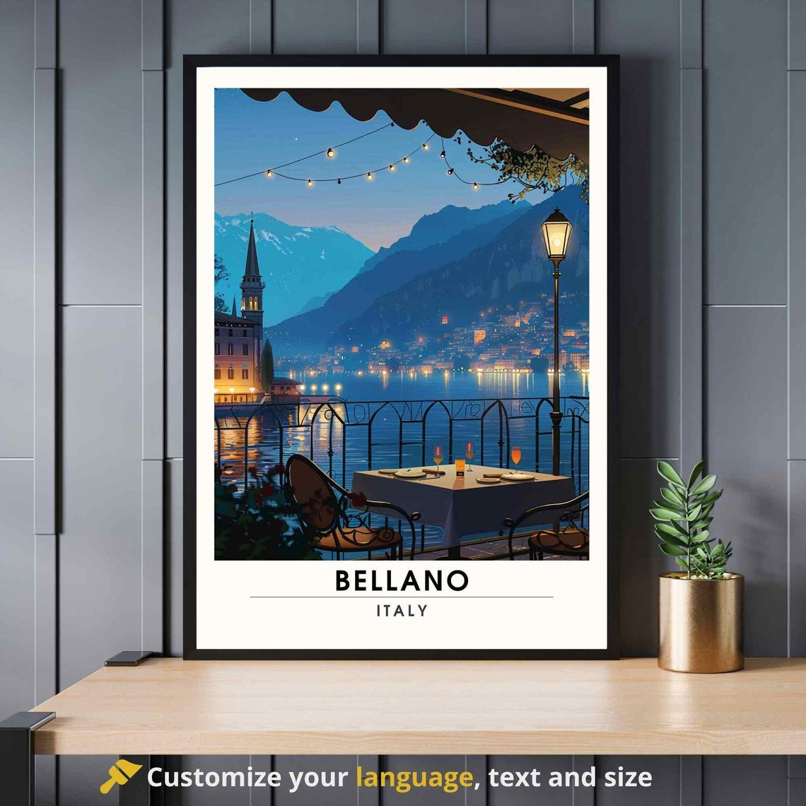 Bellano Italy Night Lakeside Terrace String Lights Travel Poster