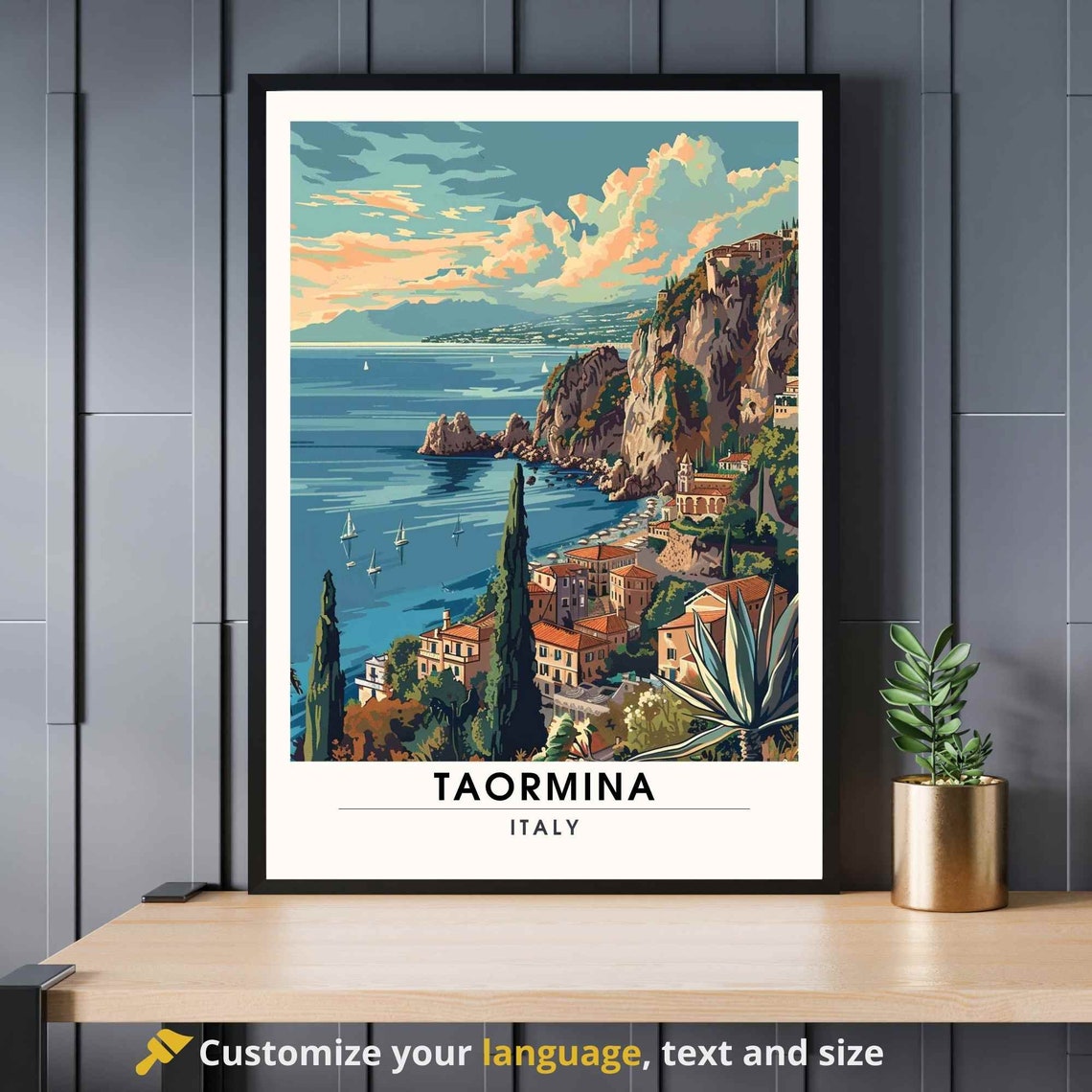 Taormina Italy Cliffside Coastline Vintage Style Travel Poster