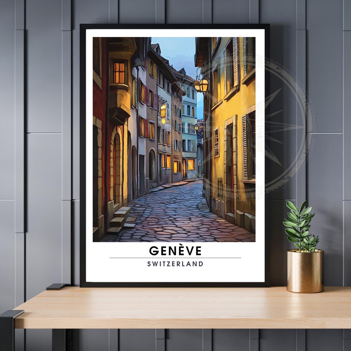 Geneve Switzerland Cobblestone Alley Evening Cityscape Travel Poster