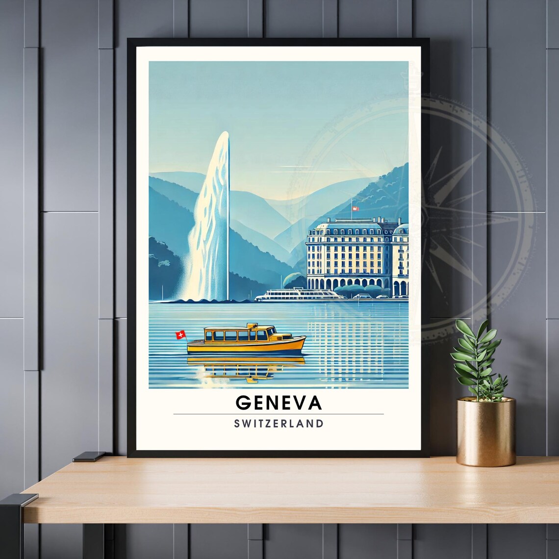 Geneva Jet d'Eau Lake Geneva Landmark Switzerland Travel Poster
